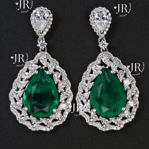 Teardrop Earrings with Emerald Green CZ and Clear CZ in Sterling Silver .925.